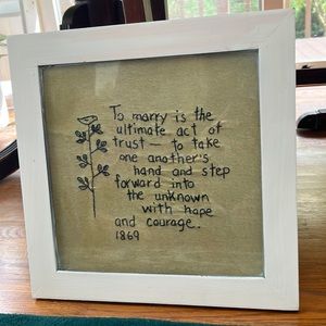 Marriage quote 1869 knitted & framed.